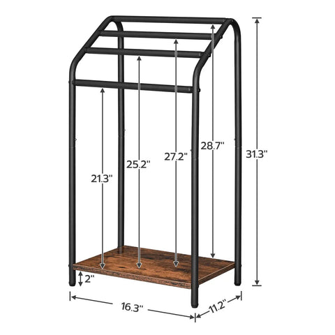 Freestanding 4 Tier Towel Rack And Blanket Display Stand With Durable Steel Frame And Rustic Brown Finish, 31.3 Inch Tall, Dimensions Shown