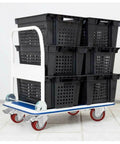 Red Brake Swivel Caster Wheels TPR Metal with Dual Bearings, 2pcs, visible on a cart carrying black storage bins.