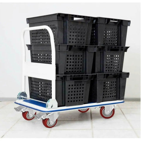 Red Swivel Caster Wheels TPR Metal 2pcs, with Brake 360 Degree attached to a cart carrying stacked black bins.