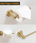 All-In-One Bathroom Accessories Set With Adjustable 16 To 26 Inch Towel Bar, Towel Ring, Toilet Paper Holder And Towel Hook, Wall Mounted Stainless Steel Brushed Gold Fixtures, Rustproof, Durable showing toilet paper holder in gold.