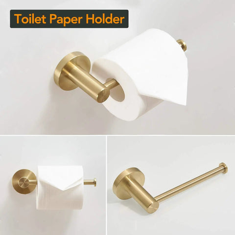 All-In-One Bathroom Accessories Set With Adjustable 16 To 26 Inch Towel Bar, Towel Ring, Toilet Paper Holder And Towel Hook, Wall Mounted Stainless Steel Brushed Gold Fixtures, Rustproof, Durable showing toilet paper holder in gold.