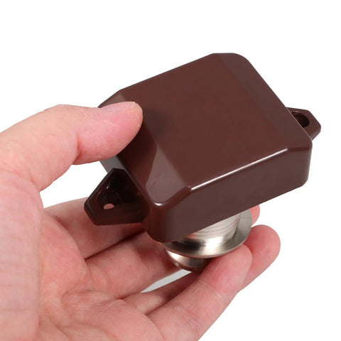 Hand holding heavy-duty zinc alloy and ABS One Button Push Cabinet Latch Lock for Storage Drawers and Cabinets, Built for Boats and Travel Trailers