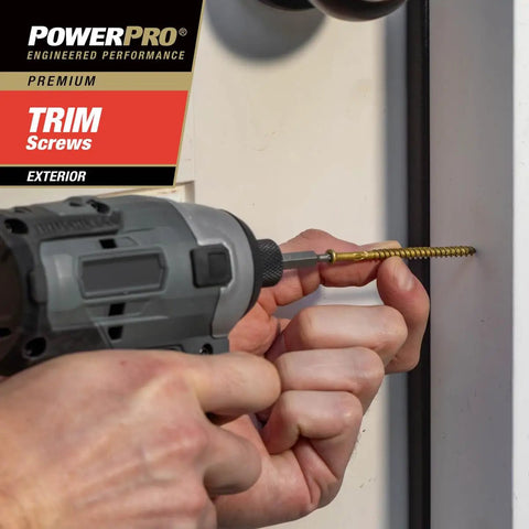 Top Shelf Exterior Trim Screws Nine By Three Inch Bronze Self Drilling Wood Fasteners Deck And Fence Toolkit Seventy Piece Heavy Duty Job Site Ready Hardware being installed with a power drill.
