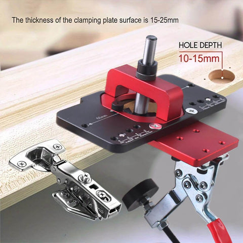 Close-up of 35mm Metal Concealed Hinge Jig With Quick Clamp And Dust Vacuum Adapter mounted on wood surface for precise drilling.