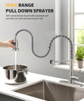 Solid Choice High Arc Kitchen Faucet With Long Reach Pull Down Sprayer And 360 Swivel Spout Single Handle Stainless Steel Mount in use above sink.