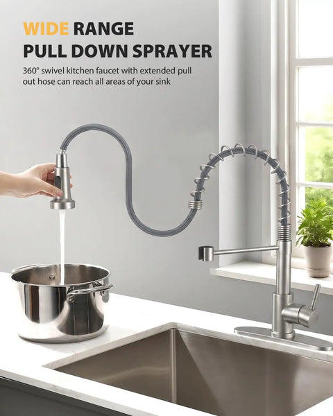 Solid Choice High Arc Kitchen Faucet With Long Reach Pull Down Sprayer And 360 Swivel Spout Single Handle Stainless Steel Mount in use above sink.