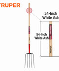 Five-Tine Manure Fork With 54 Inch White Ash Handle And Forged Steel Head For Heavy-Duty Farm Work Like Manure, Mulch, Hay, And Bedding Chores Built To Tackle Rough Yard Jobs.