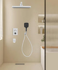 Shower System with Digital Display Thermostatic Faucet Set Copper ABS, featuring overhead and handheld shower heads in a modern bathroom.