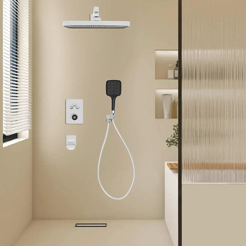 Shower System with Digital Display Thermostatic Faucet Set Copper ABS, featuring overhead and handheld shower heads in a modern bathroom.