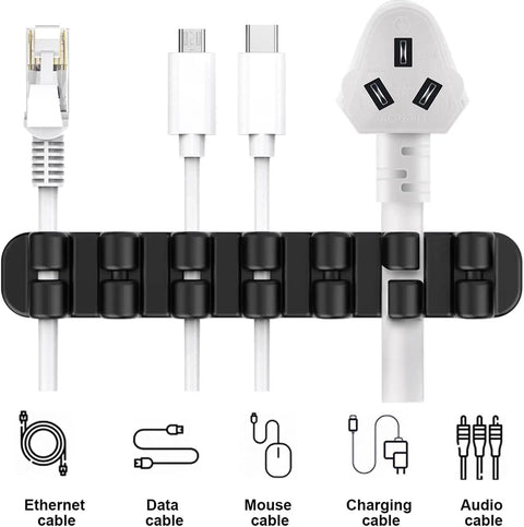 Upgraded Silicone Cable Clips Holder Self Adhesive Cord Management Organizer For Desktop And Bedside Slick Flexible Anti Static 7 Slot Black holding various cables