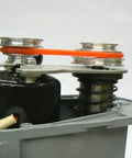 Premium Red Rubber Drive Belt For Mini Drill Press Straight Shot Transmission Strap installed on motor pulleys.