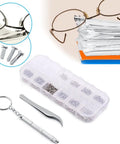 Stainless Steel Watch And Eyewear Repair Kit With Tweezers And Screw Set, showing tools, screws, and a glasses repair scenario.