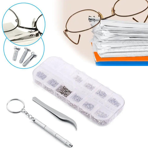 Stainless Steel Watch And Eyewear Repair Kit With Tweezers And Screw Set, showing tools, screws, and a glasses repair scenario.