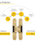 Heavy Duty Concealed Cabinet Hinges Built Tough Aluminum Construction For Smooth 180 Degree Swing No Fuss 3D Adjustment Satin Brass Finish features image.