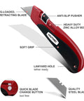 Auto Retracting Utility Knife With Dual Safety System For Fast Box Cutting Blade Auto Retracts When Off The Cutting Surface No Brainer Safety Push Button Release Easy Grip Handle Ideal For DIY Packing And Heavy Duty Work, red zinc alloy