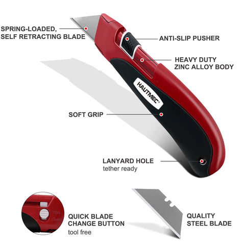 Auto Retracting Utility Knife With Dual Safety System For Fast Box Cutting Blade Auto Retracts When Off The Cutting Surface No Brainer Safety Push Button Release Easy Grip Handle Ideal For DIY Packing And Heavy Duty Work, red zinc alloy