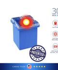 Glow When Blown LED Auto Fuse Kit with Dope Indicator shown glowing red, low profile JCASE FMX fuse with 20 amp rating