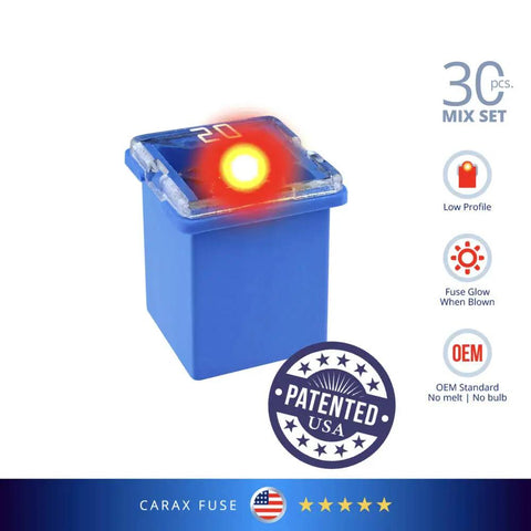Glow When Blown LED Auto Fuse Kit with Dope Indicator shown glowing red, low profile JCASE FMX fuse with 20 amp rating