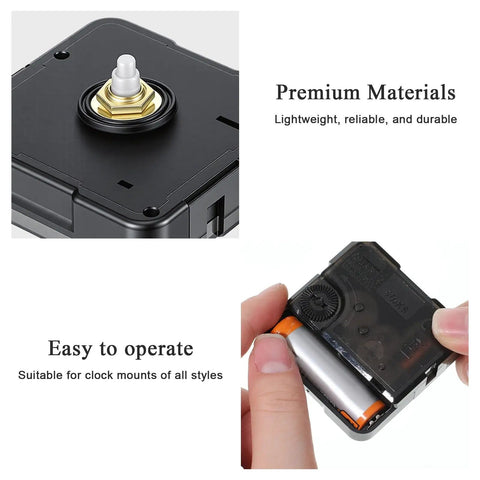 Quartz Clock Movement Replacement Kit for Battery Powered DIY Clock Repairs showing installation and materials