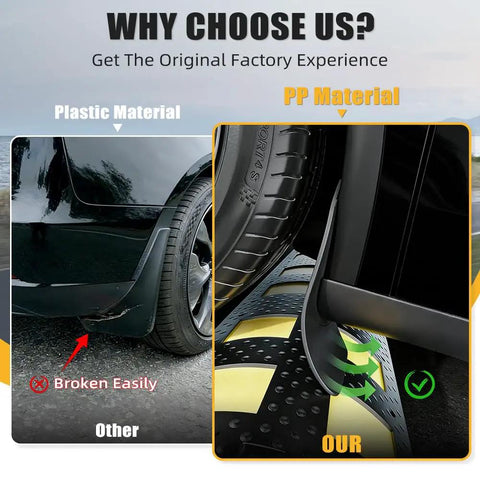 Comparison of Next Gen Tesla Model Y Mud Flaps Splash Guards Set of 4, showcasing a durable design against other materials.