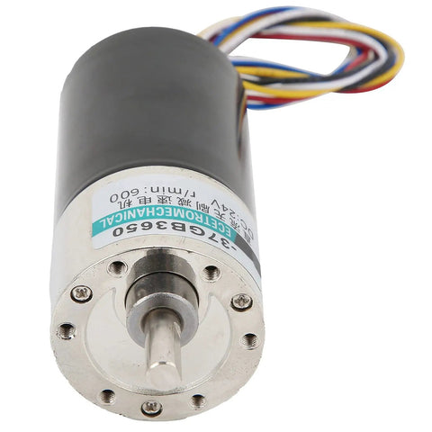 24V Brushless DC Motor With Speed Reduction For Micro Machinery And CNC Tools, CW CCW Ready, front view with wires visible
