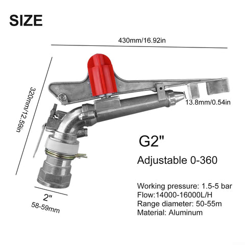 Diagram of 2 Inch Irrigation Sprinkler With 360 Degree Spray Coverage For Big Lawns And Crops, Aluminum Alloy Heavy Duty Sprayer Head.
