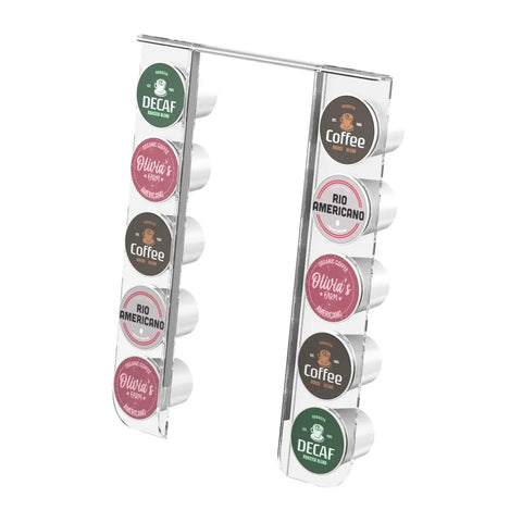 Keurig K Mini Cup Organizer Holder Holds 10 Pods Space Saving Acrylic Rack side view showcasing pod arrangement