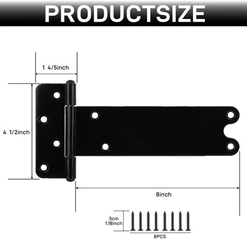 Straight Up 8 Inch Heavy Duty Gate Hinges 4 Pack Black Steel Door Hinges 300 Lb Capacity Built Tough For Outdoor Fences size dimensions diagram with mounting screws.