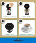 Brown Unbleached Coffee Filters For Reusable Single Serve Pods Natural Paper That Keeps Grounds Out For A Clean Smooth Brew Fits Keurig 1.0 2.0 And K Cup Pods Disposable 300 Count - usage steps showing filter in reusable K-Cup and brewing process.