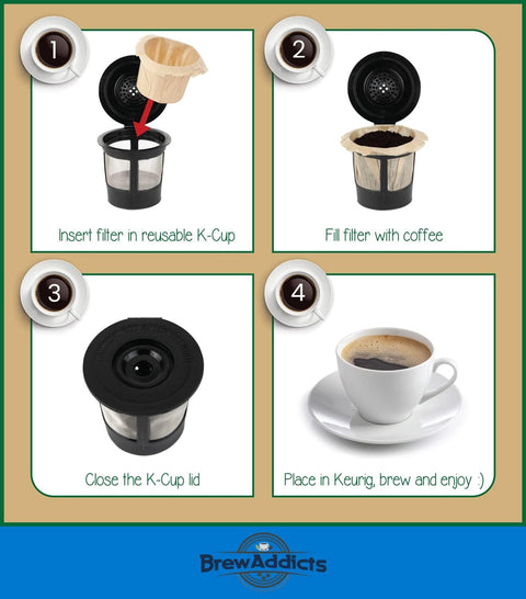 Brown Unbleached Coffee Filters For Reusable Single Serve Pods Natural Paper That Keeps Grounds Out For A Clean Smooth Brew Fits Keurig 1.0 2.0 And K Cup Pods Disposable 300 Count - usage steps showing filter in reusable K-Cup and brewing process.