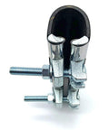 Stainless steel repair pipe clamp, front view, 1-1/4 x 6 in, two-bolt plumbing clamp.
