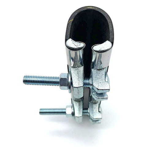 Stainless steel repair pipe clamp, front view, 1-1/4 x 6 in, two-bolt plumbing clamp.