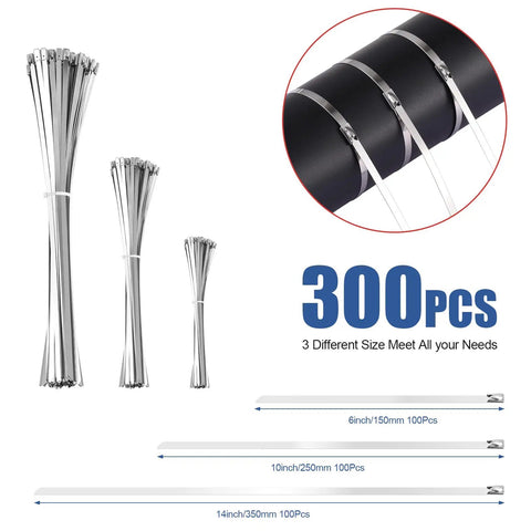300 Pack 304 Stainless Steel Self Locking Cable Ties With 300 Lb Tensile Strength, showing 6, 10, and 14 inch sizes