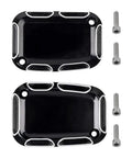 Premium CNC Machined Brake Clutch Master Cylinder Covers For Custom Cruisers Badass Edge Cut Anodized Aluminum Finish black covers with screws.