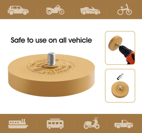 Pro Grade Abrasive Eraser Wheel For Car Decals And Adhesives, Drill Adapter Ready, shown with drill and adapter