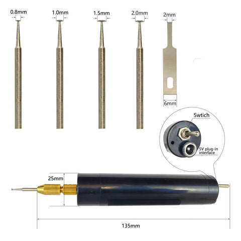 Damaged Screw Removal Kit For Phones And Laptops, Broken Screw Extractor For iPhone And Tablets, Electric Screw Cutter For Tiny Screws, 4 Size Heads, USB 5V Power, Portable Phone Repair Tool, showing 0.8 to 2.0 mm heads.