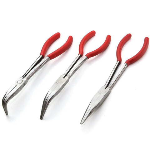 Nine Piece 11 Inch Long Reach Needle Nose Pliers Set with bent nose and non-slip PVC handles for tight spots