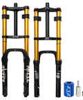 20 Inch Fat Tire Bike Front Air Suspension Fork With 180mm Travel And 135mm Hub Spacing Straight Steerer Manual Lockout 9mm Quick Release Double Crown Heavy Duty Suspension For Fat Snow Beach E Bikes shown in gold and black
