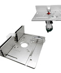 Tough As Nails Aluminum Router Table Insert Plate With Adjustable Fence And Push Ruler Dual Mount Flip Top For Woodworking Bench Fits Big Routers and Small Trimmers No Fuss Shop Setup, showing precision components.