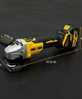RhovixStar cordless brushless angle grinder side view, yellow/black with battery, 3/8 in spindle, Makita 18V compatible