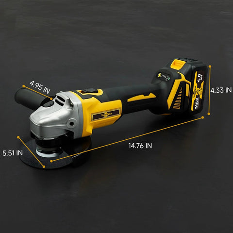 RhovixStar cordless brushless angle grinder side view, yellow/black with battery, 3/8 in spindle, Makita 18V compatible