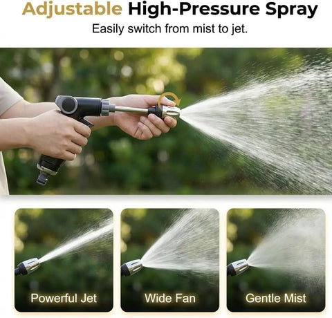 Person using Beast Mode Heavy Duty High Pressure Washer Nozzle With 360 Degree Rotating Spray And 3 Spray Modes on garden hose.