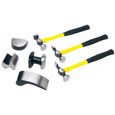 Auto Body Repair Kit Pro Grade With Hammers On Fiberglass Handles And Dollies In A Tool Case 7 Piece Set Yellow and Black