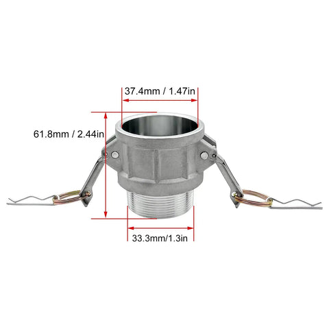 Heavy Duty Aluminum Cam Lock Hose Fitting Set 1 Inch Male NPT To 1 Inch Cam Lock Type B Global 2 Pack Includes 2 Cam Lock Gasket Fittings White For Heavy Duty Industrial Use, with dimensions shown