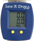 Outdoor Hose Water Flow Meter With Easy Read Gauge, Tracks Gallons Used For Each Watering, Calculates Total Volume And Per Session Readouts, A Real Water Saving Hack For Your Yard, blue digital LCD with white hose fittings