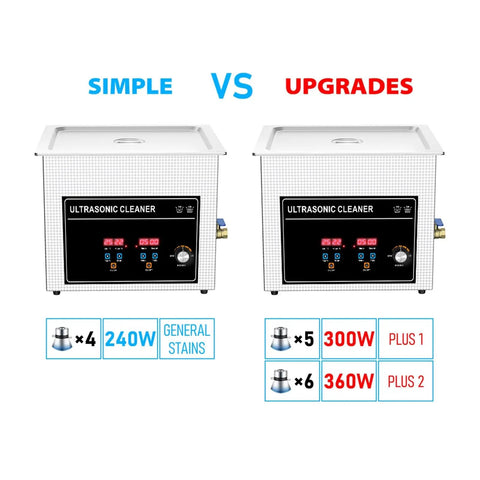Powerful 360W Ultrasonic Cleaner With 10 Liter Tank And 40Khz High Frequency Vibrations for deep cleaning comparison with digital display.