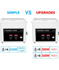 Comparison of Heavy Duty 360W Ultrasonic Cleaner With 10 Liter Tank, showing simple and upgraded models, highlighting features.