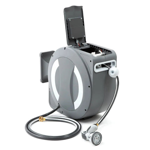 Battery Powered Wall Mounted Retractable Hose Reel With Automatic Retraction, Dual Hose Length Control, visible open rear panel