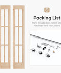 Double 30 By 80 Inch Bifold Barn Door With Tempered Frosted Glass And Solid Wood Space Saving Closet Door Kit With Concealed Hardware Preassembled French Bifold Wood Door Easy To Install And Color DIY, shows wood panels and installation hardware
