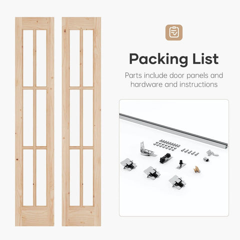 Double 30 By 80 Inch Bifold Barn Door With Tempered Frosted Glass And Solid Wood Space Saving Closet Door Kit With Concealed Hardware Preassembled French Bifold Wood Door Easy To Install And Color DIY, shows wood panels and installation hardware